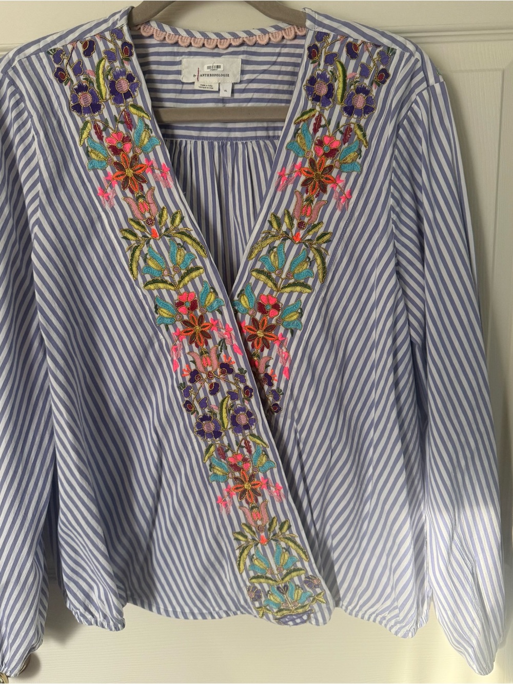 Anthropologie Blue & White Striped Embroidered V-Neck Blouse